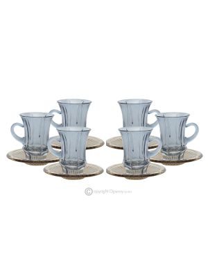ADA Set of 6 authentic hand painted tea cups and saucers modern in premium quality glass.-Blue