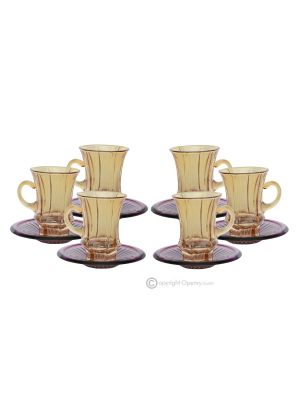 ADA Set of 6 authentic hand painted tea cups and saucers modern in premium quality glass.-Yellow