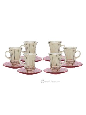 ADA Set of 6 authentic hand painted tea cups and saucers modern in premium quality glass.-Amber