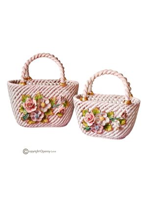 Centerpiece, set of 2 bags in fine ceramic, embellished with flowers and gold details, handmade.