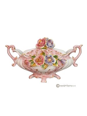 Artistic ceramic tureen in baroque style, decorated with floral motifs and gold, handmade.