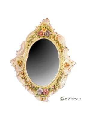 Refined ceramic mirror, in baroque style, adorned with flowers and golden details, handmade.