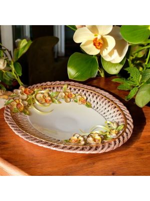 Oval basket in artistic ceramic, decorated with orchids and gold details, handmade