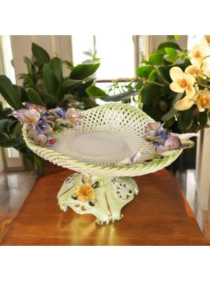 Oval stand, artistic ceramic centerpiece, decorated with flowers and gold details, handmade