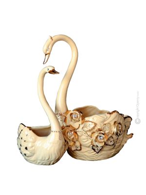 SWANS handmade ceramic table ornament Baroque style artistic with 24k gold details Made in Italy