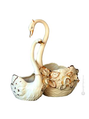 SWANS handmade ceramic table ornament Baroque style artistic with 24k gold details Made in Italy