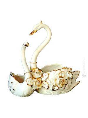 SWANS handmade ceramic table ornament Baroque style artistic with 24k gold details Made in Italy