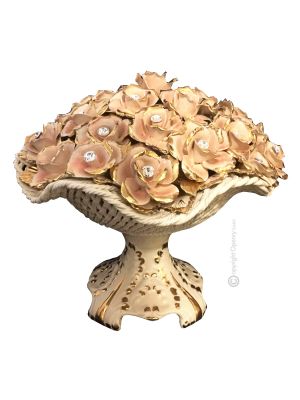 ROSE handmade ceramic table ornament Baroque style artistic with 24k gold details Made in Italy