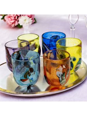 Set of 6 colored crystal glasses, blown glass, original from Murano, Venice.