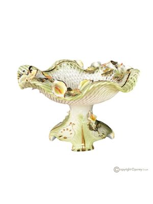 Cake stand, centerpiece in fine ceramic, decorated with flowers and gold details, handmade