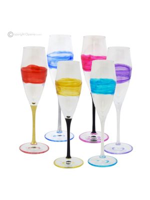 EGO Set of 6 authentic hand-painted flute glasses in superior quality glass.