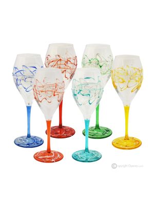 MONTECARLO Set of 6 authentic hand-painted stemmed wine glasses in superior quality glass.