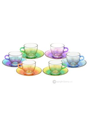 RAINBOW Set of 6 espresso cups and saucers hand-painted in superior quality glass.