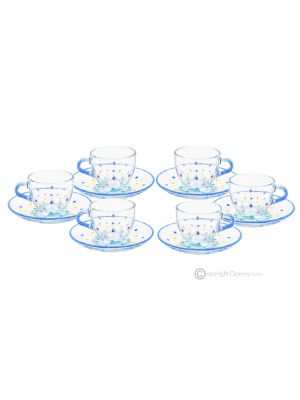 Set of 6 espresso cups with saucer, hand-painted crystal glass top.