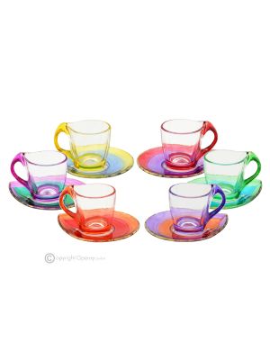 HAPPY Set of 6 espresso coffee cups with saucer, hand-painted crystal glass top