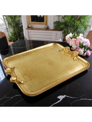 VASSOIO FIOCCO Tray Rectangular Handles Bow in Gold Leaf Wood Hand Made Made in Italy
