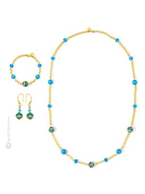 PARURE FASCIA ORO jewellery set necklace bracelet earrings handmade pearls in Murano-Venice glass with gold 18k authentic Made in Italy