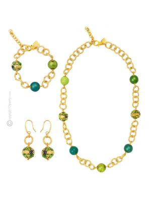 PARURE FIORATO ORO jewellery set necklace bracelet earrings handmade pearls in Murano-Venice glass with gold 18k authentic Made in Italy