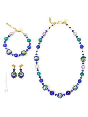 PARURE FIORE jewellery set necklace bracelet earrings handmade pearls in Murano-Venice glass with gold 18k authentic Made in Italy