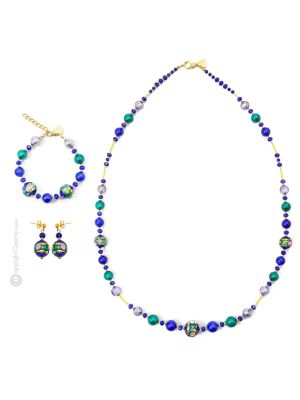 PARURE FIORE jewellery set necklace bracelet earrings handmade pearls in Murano-Venice glass with gold 18k authentic Made in Italy