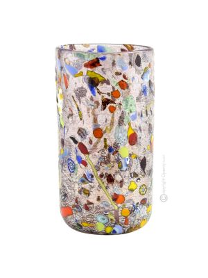 VASO ARLECCHINO Vase authentic Murano blown glass with Murrine and 925 silver leaf Made Italy