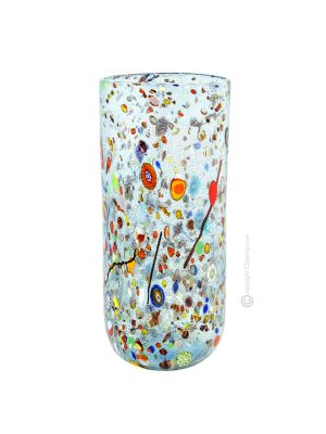 VASO ARLECCHINO Vase authentic Murano blown glass with Murrine and 925 silver leaf Made Italy
