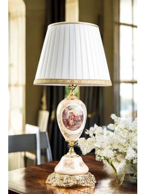 Fine ceramic lamp with romantic scene of lady and knight, with gold details, handmade.