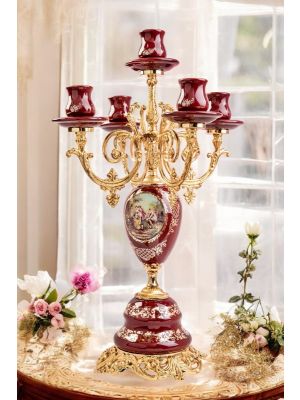 5-flame candelabra with lady and knight in quality ceramic, with gold decorations, handmade.