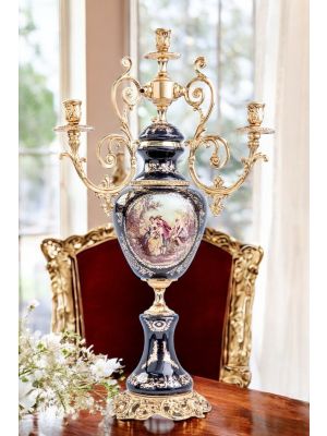 4-flame candelabra with lady and knight in superior ceramic, with gold decorations, handmade.