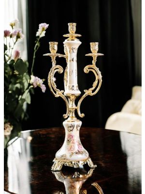 4-flame candelabra in fine ceramic, with elegant floral and gold decorations, handmade.