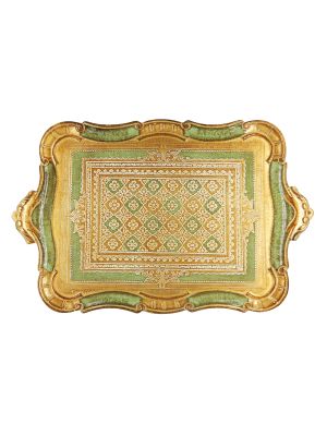 VASSOIO DORATO TAPPETO VERDE Tray Wood Gold Green Decorations Handcraft Made in Italy