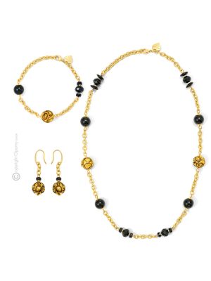 PARURE MERLETTO jewellery set necklace bracelet earrings handmade pearls in Murano-Venice glass with gold 18k authentic Made in Italy