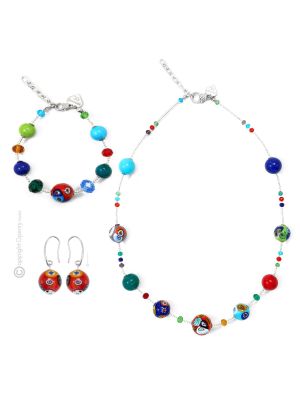 PARURE MILLEFIORI jewellery set necklace bracelet earrings handmade pearls in Murano-Venice glass authentic Made in Italy