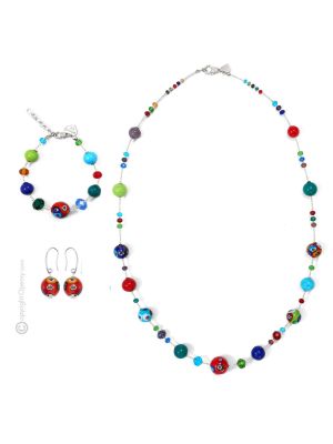 PARURE MILLEFIORI jewellery set necklace bracelet earrings handmade pearls in Murano-Venice glass authentic Made in Italy