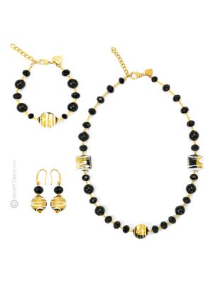 PARURE MIRHO jewellery set necklace bracelet earrings handmade pearls in Murano-Venice glass with gold 18k authentic Made in Italy