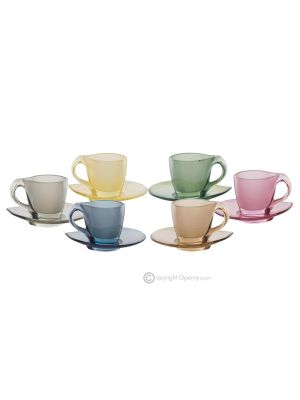 MOM Set of 6 hand-painted cappuccino cups and saucers in superior quality glass.