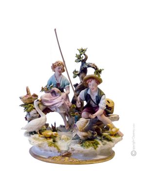 CHILDREN FISH AT POND Statuette statue figure Capodimonte porcelain handcraft made in Italy