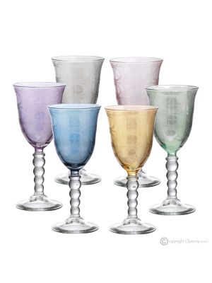 PERLE Set of 6 authentic hand-painted stemmed water glasses in superior quality glass.