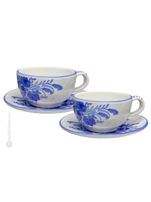 TAZZE FIORACCIO set breakfast cereal cups with saucers Castelli ceramic authentic handmade Abruzzo Made in Italy