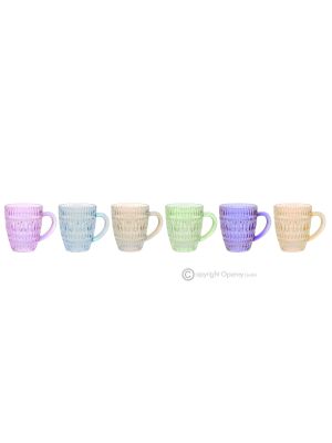 DIAMANTE Set of 6 cups, authentic hand-painted modern mugs in superior quality glass.