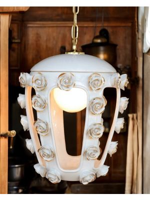 Ceramic pendant lamp, adorned with roses, Swarovski crystals and gold details.