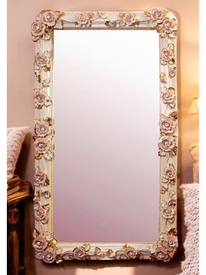 Ceramic mirror, decorated with roses, Swarovski crystals and gold details, handmade.