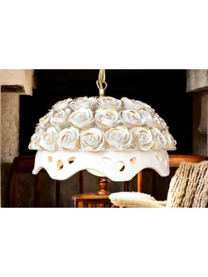 Pendant lamp, in ceramic, decorated with roses, Swarovski crystals and gold.