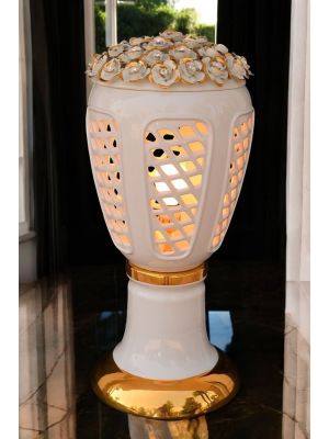 Floor lamp, ceramic lantern, decorated with roses, Swarovski crystals and gold.