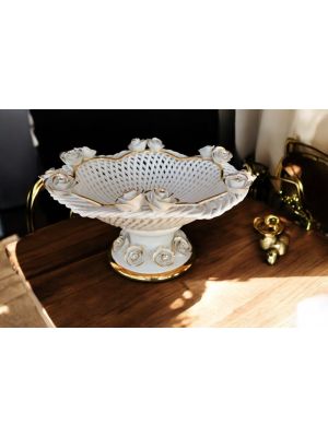 High quality ceramic cake stand, decorated with roses, crystals and gold finishes, handmade.