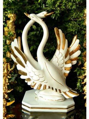 Pair of ceramic swans, decorated with roses, crystals and gold details, handmade.