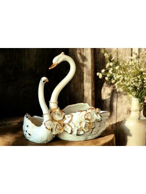 SWANS handmade ceramic table ornament Baroque style artistic with 24k gold details Made in Italy