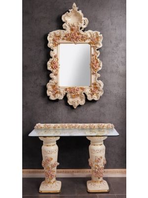 Mirror with ceramic table, with roses, Swarovski crystals and gold details.