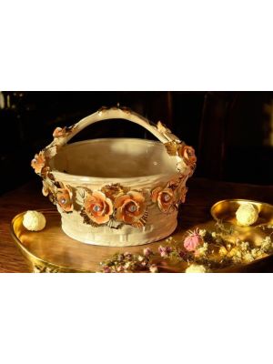 Prestigious ceramic spring basket, with roses and golden details, handmade.