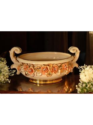 Ceramic vase, plant holder, decorated with roses, Swarovski crystals and gold details.